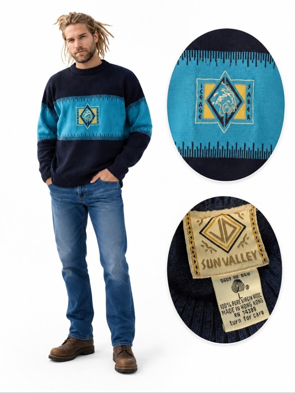 Vtg Sun Valley Wool Blue Color Block pattern Novelty Apres Ski Sweater  sz L